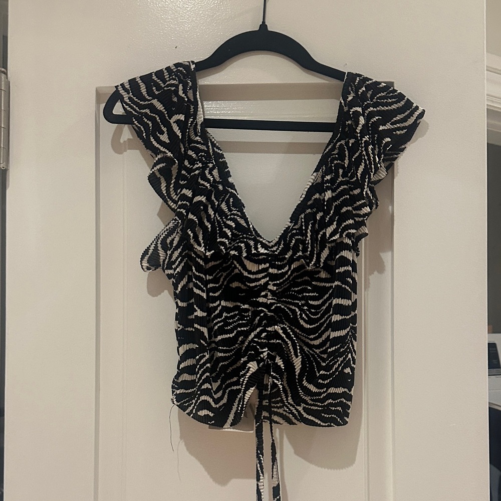 Black and Cream Ruffle V-Neck Women's Top